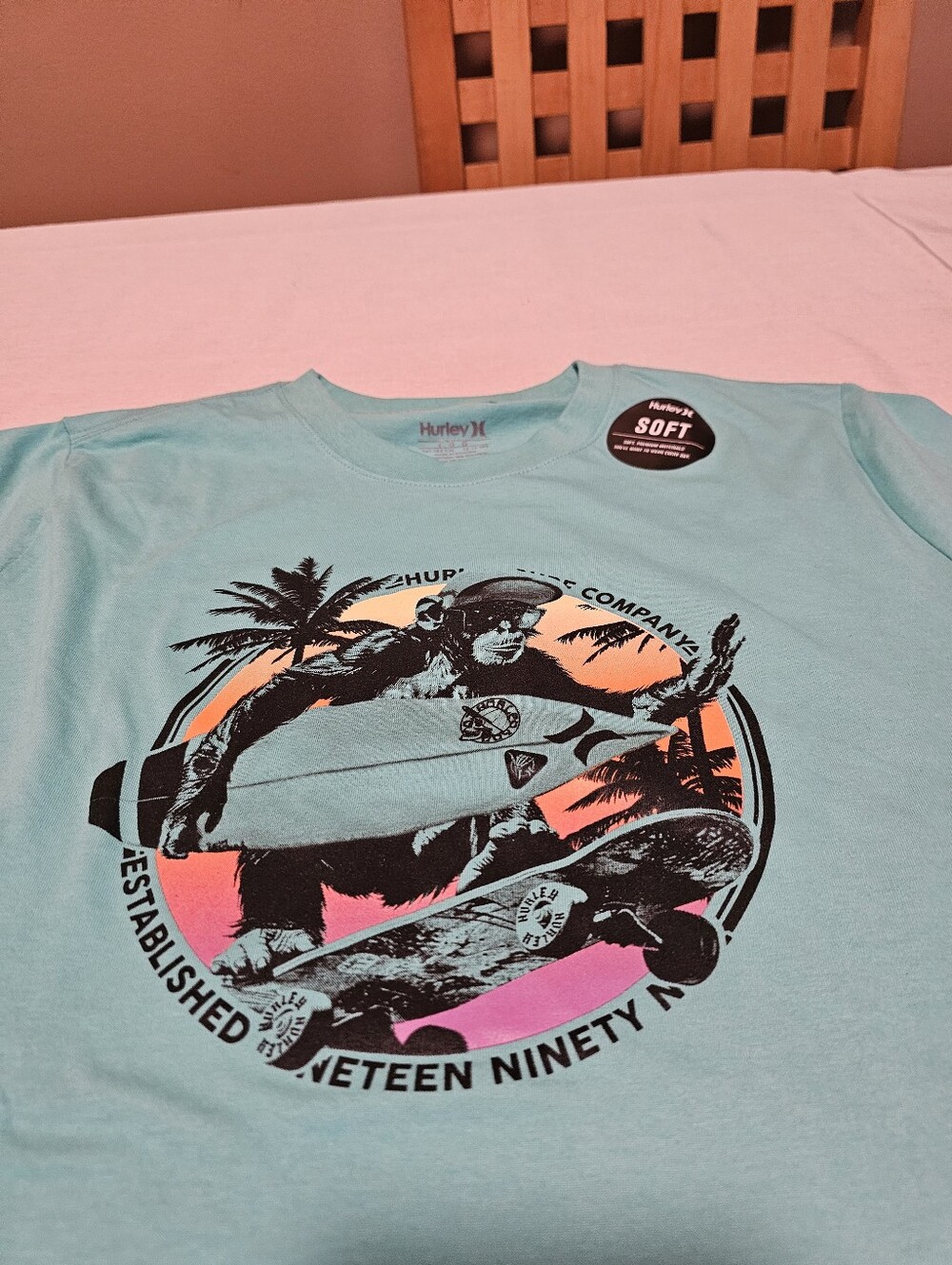 Hurley Mint Surf Monkey Graphic Tee Large New Kids